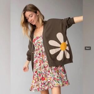 Natural Life Live Happy Cardigan M Olive Daisy Boho Oversized Granny Cottage